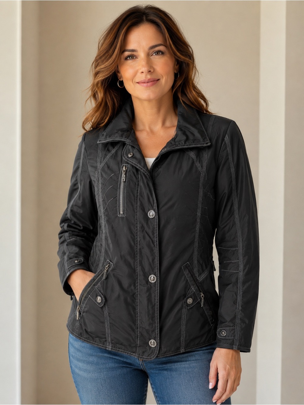 Classic Black Utility Jacket with Quilted Stitch Detail